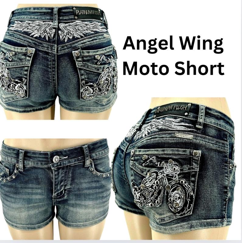 McBling Denim Shorts Y2K Mid Waist Skull Wing Cross Plus Stretch biker rocker vintage Rock rhinestone vaquera Embroidered street Alt emo edgy Fit