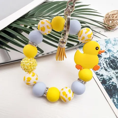 Cute Duck Decor Beaded Keychain, Tassel Decor Duck Pattern Wristlet Keychain, Fashion Accessories for Women & Men, All-match & Exquisite Keychain for Gift, Cute Soft Keychains, Rhinestone Keychain, Tassel Decorated Keychain