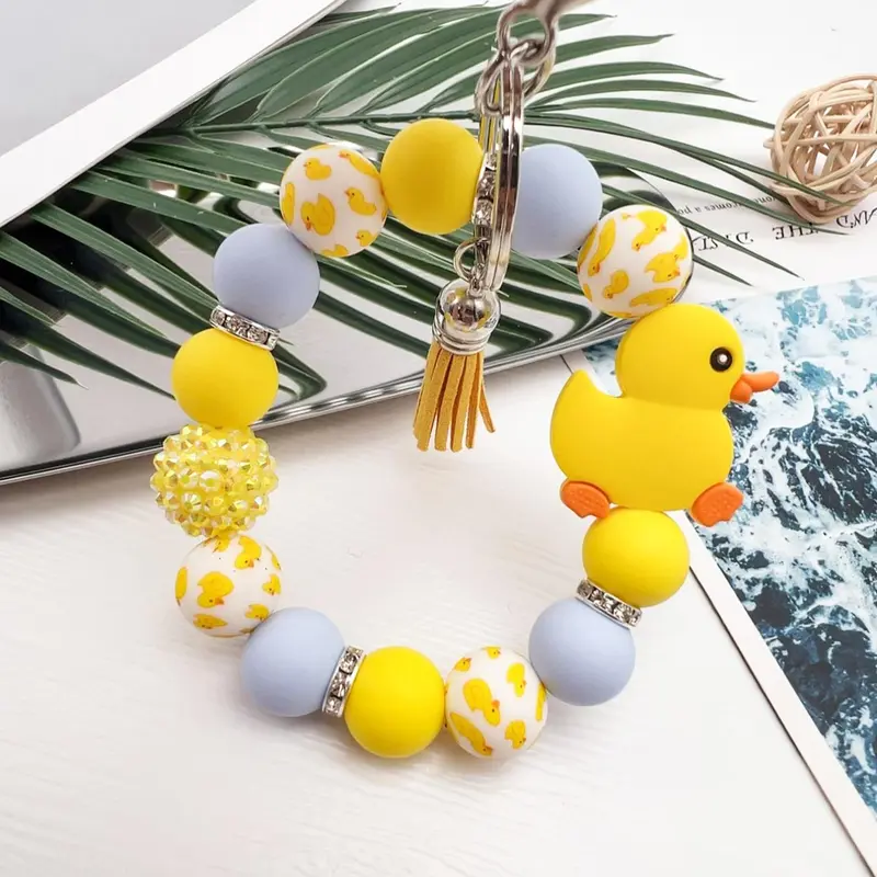 Cute Duck Decor Beaded Keychain, Tassel Decor Duck Pattern Wristlet Keychain, Fashion Accessories for Women & Men, All-match & Exquisite Keychain for Gift, Cute Soft Keychains, Rhinestone Keychain, Tassel Decorated Keychain