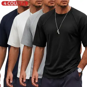 Men's 4-Pack Raglan Sleeve Athletic T-Shirts - Crew Neck Short Sleeve Gym Shirts with Ribbed Details, 60% Cotton 40% Polyester Blend Moisture-Wicking Workout Tees for Casual & Training