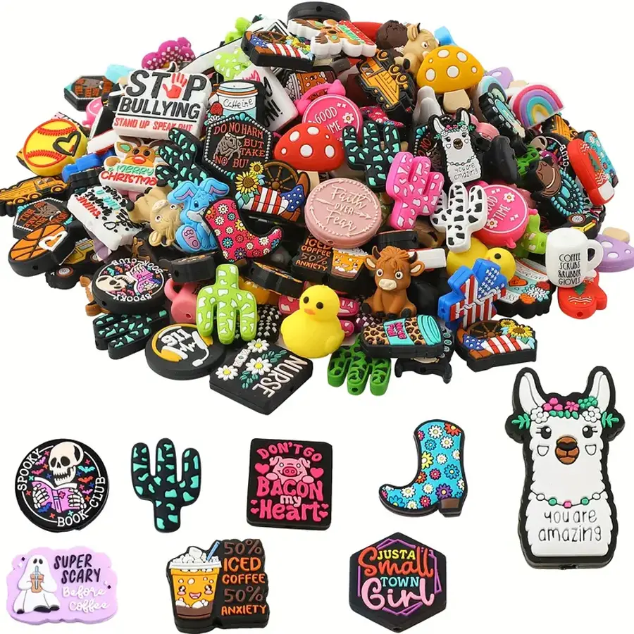 50 pieces of random style silicone focus beads in bulk. Suitable for DIY creative key bag chains, cartoon character embellishments, hand bracelets, necklaces and other handicraft accessories.