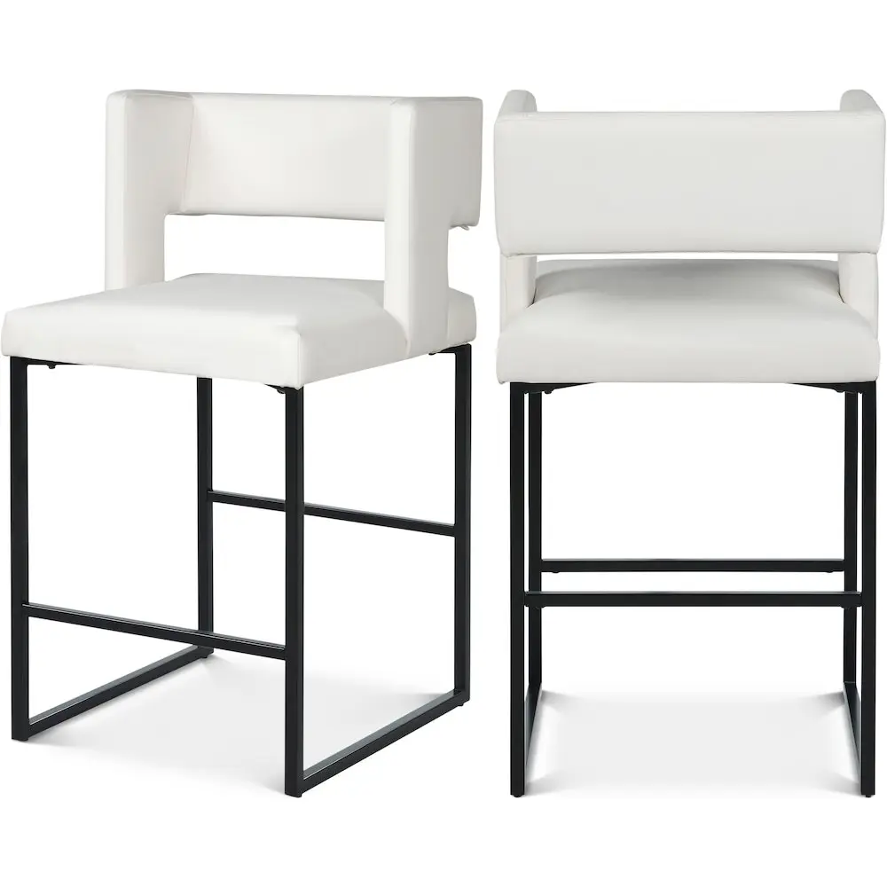 Caleb White Vegan Leather Counter Stool - Set of 2, Contemporary Home Decor, Low Back, Soft Cushions, Square Seat Indoor Furniture Chair