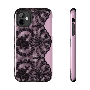 Mauvy Pink & Black Lace Pattern tough phone case | Pink Background, Floral Lace