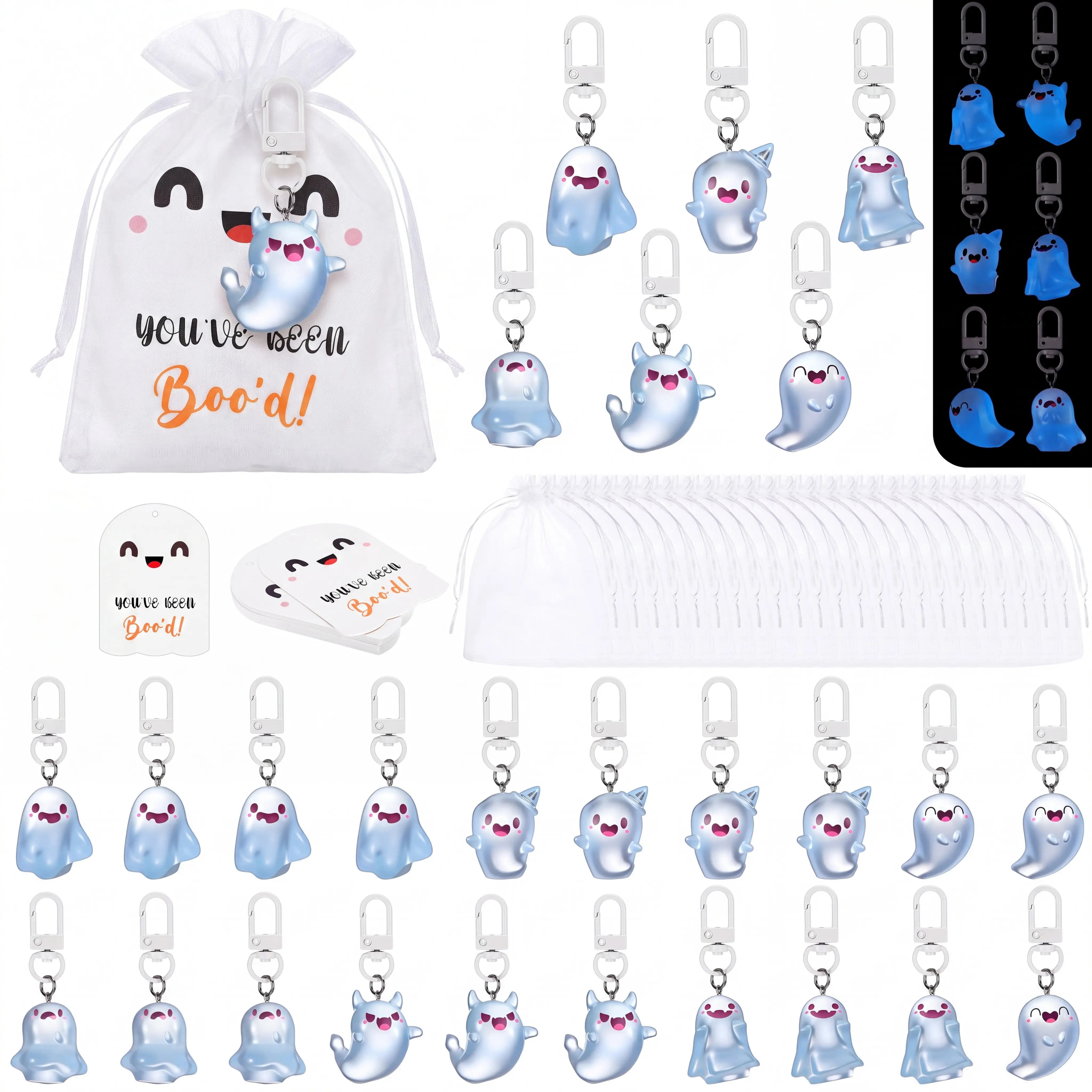 12/30 Sets Halloween Party Favors Mini Glow-in-the-Dark Ghost Keychains-Cute Creepy Luminous Positive Resin Figurines with Card & Bag for Kids Firends Coworkers Boo Basket Stuffer Family Spooky Trick-or-treat Decor Student Rewards