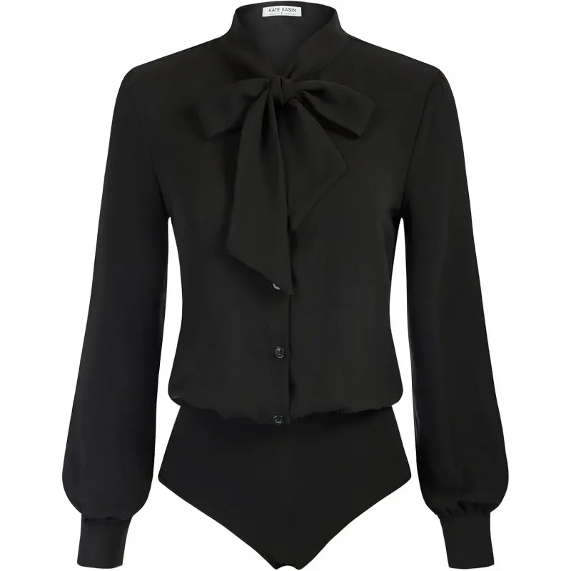 Women's Fitted Basic Bodysuit Blouse - Button-Accented Bow Tie Neck, Regular Chic Long-Sleeve Office Wear Top for Business Casual Work Outfits, Almond