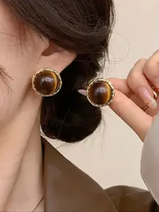 Vintage Elegant Geometric Round Ball Stud Earrings, Tiger Eye Stone Inlay, Fashionable Versatile Jewelry for Women