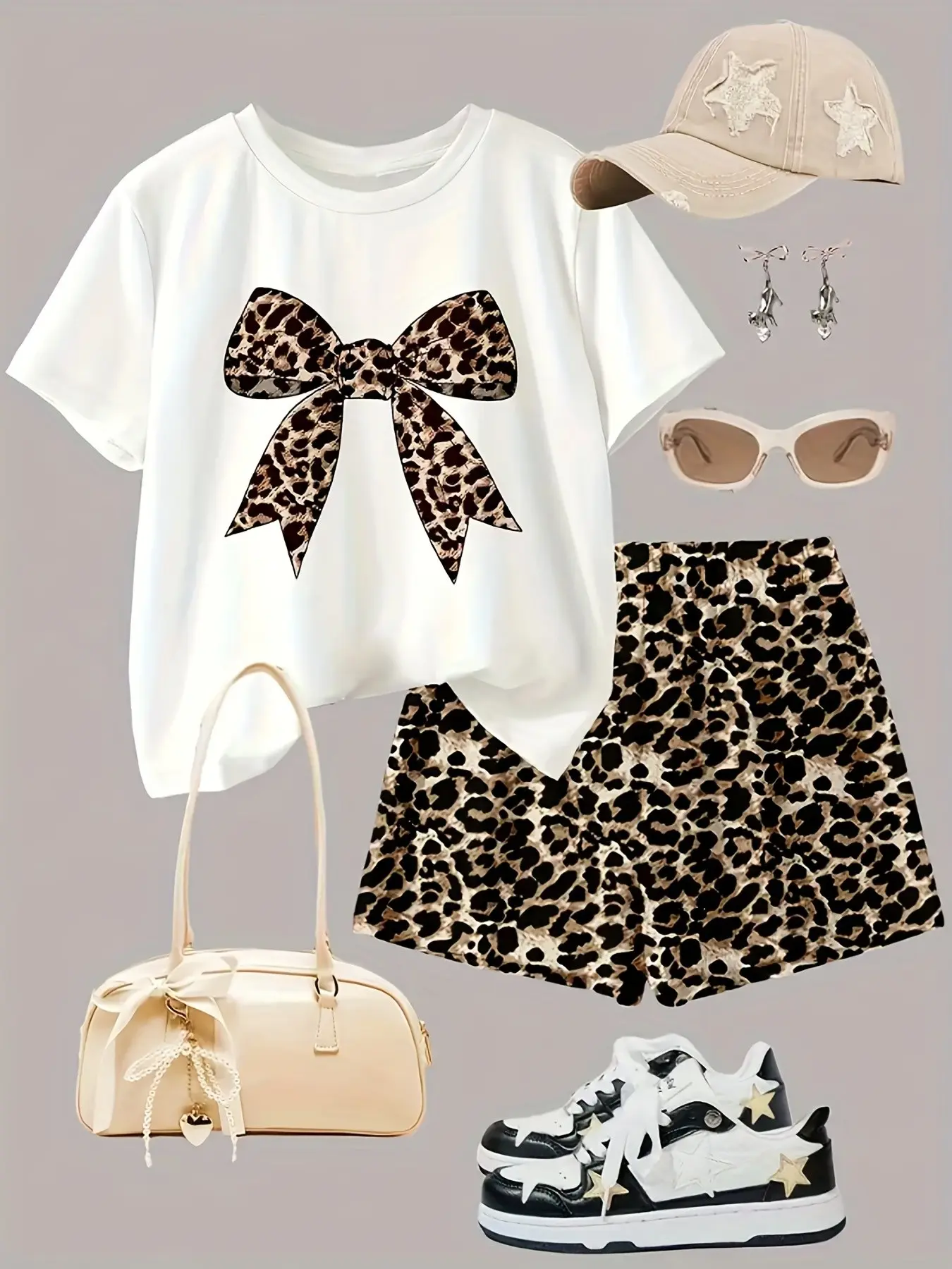 Leopard Print Bow Tie Round Neck Tee and Shorts Matching Set, Women's Casual Fashion Two-Piece, Perfect with Tote Bag and Sneakers, Aesthetic