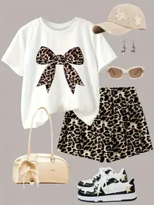 Leopard Print Bow Tie Tee and Shorts Set, Women's Casual Fashion Two-Piece, Perfect with Tote Bag and Sneakers