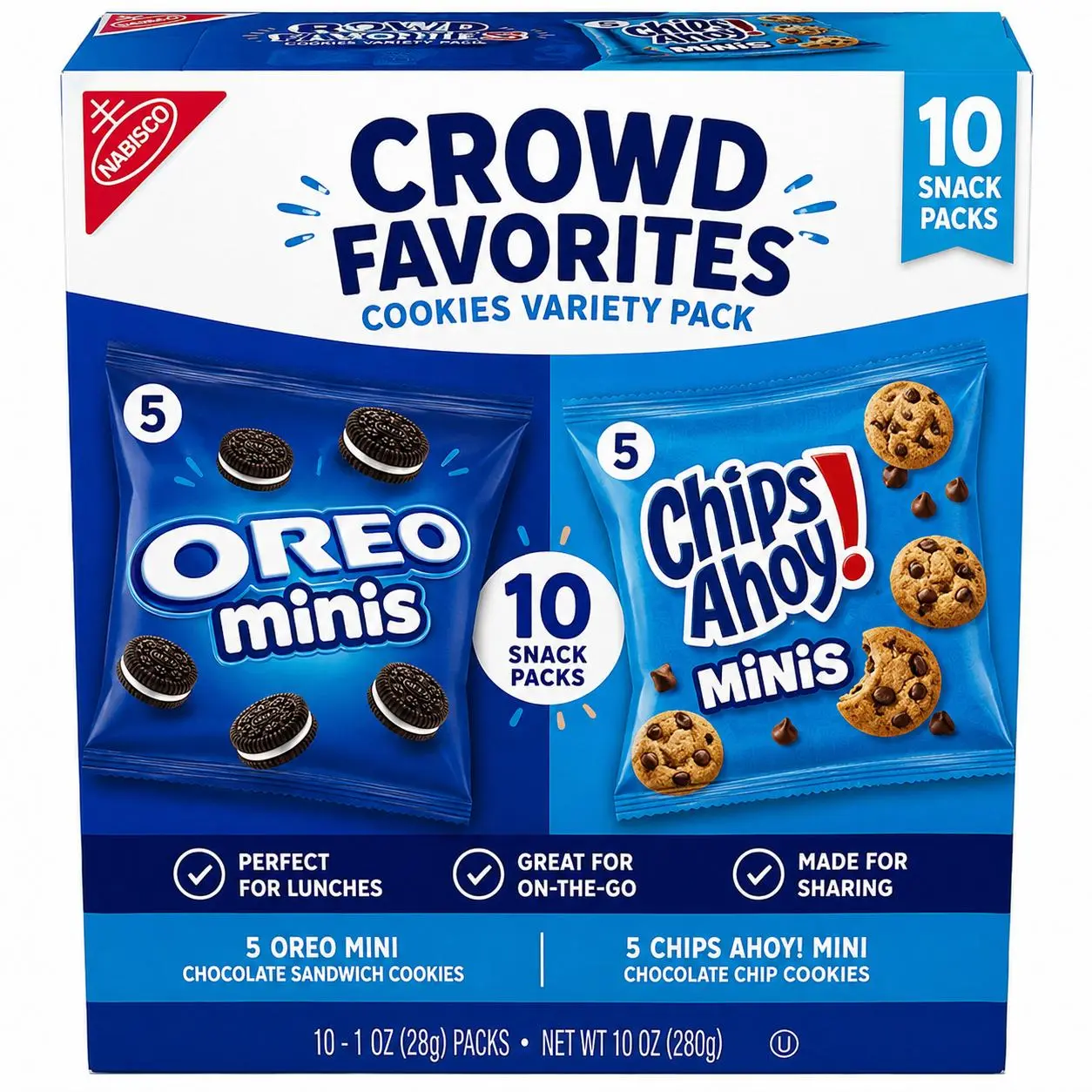 Nabisco Crowd Favorites Cookies Variety Pack, OREO Minis & CHIPS AHOY! Minis, 10 Snack Packs, Assorted Mini Cookies for Lunches, Travel & Sharing