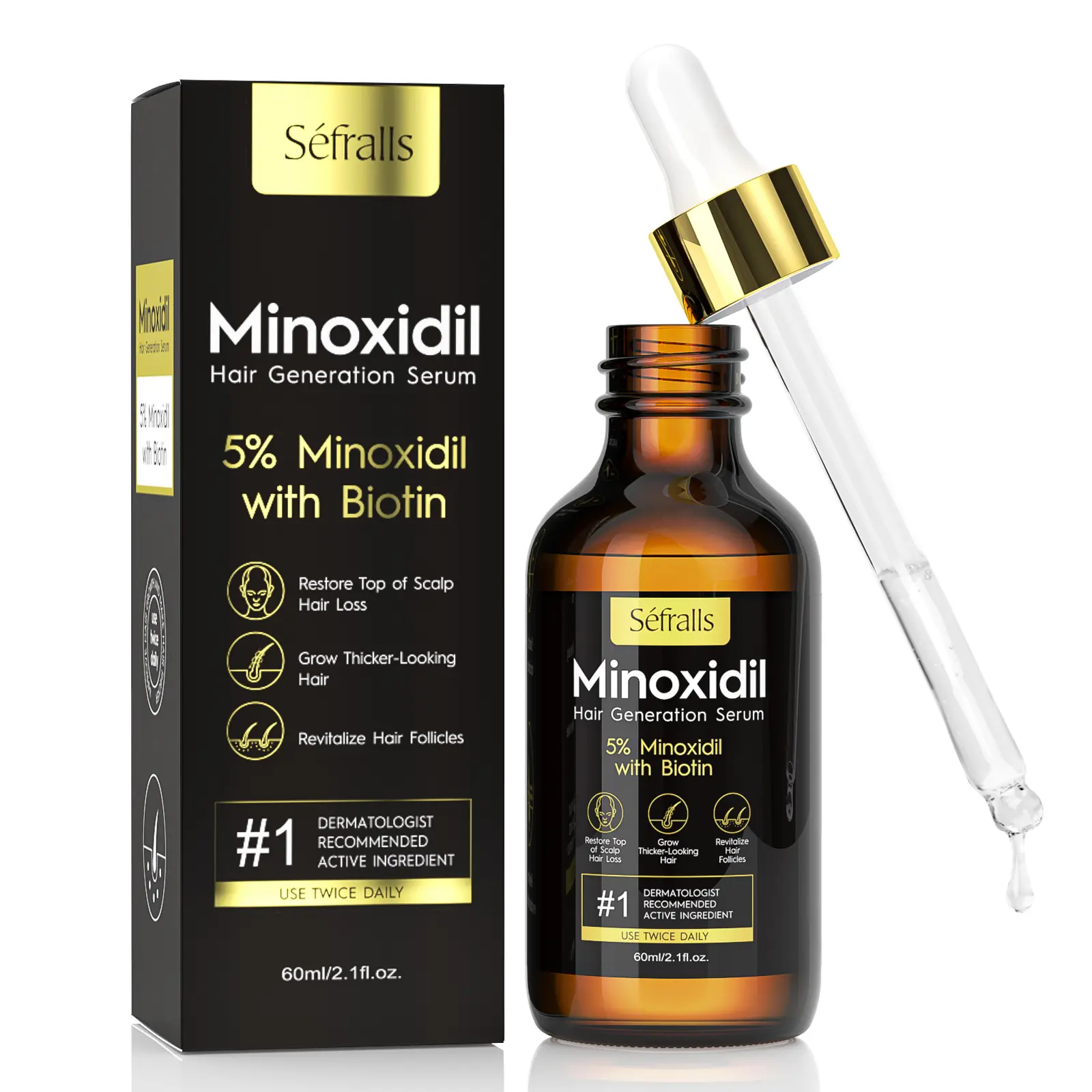 Sefralls 5% Minoxidil Hair Growth Serum Oil for Men & Women, Safe Treatment for Thicker, Healthier Hair, Prevents Thinning and Hair Loss, 60ml / 2.1 fl. oz