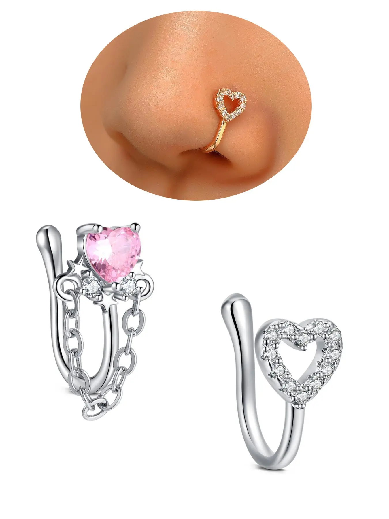 Non-Piercing Zirconia Nose Ring Clip, Nose Cuff, Moon Butterfly Design, Silver Color, Elegant Women's Body Jewelry Accessory, Body Jewellery, No Piercing Needed