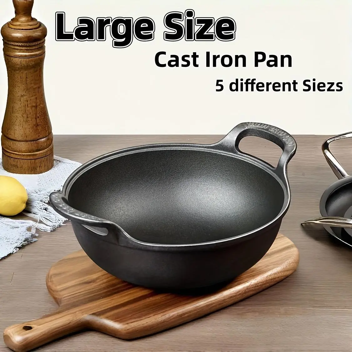 5 Sizes Cast Iron Wok, 7.87/ 9.84/ 10.62/ 11.81/ 12.59in Heavy-Duty Cast Iron Skillet, Traditional Uncoated Deep Stir-Fry Pan, Multi-functional Kitchen Cookware, Durable Cooking Pot with Dual Handles, Grilling Steaks & Baking, Ideal for Home, Outdoor