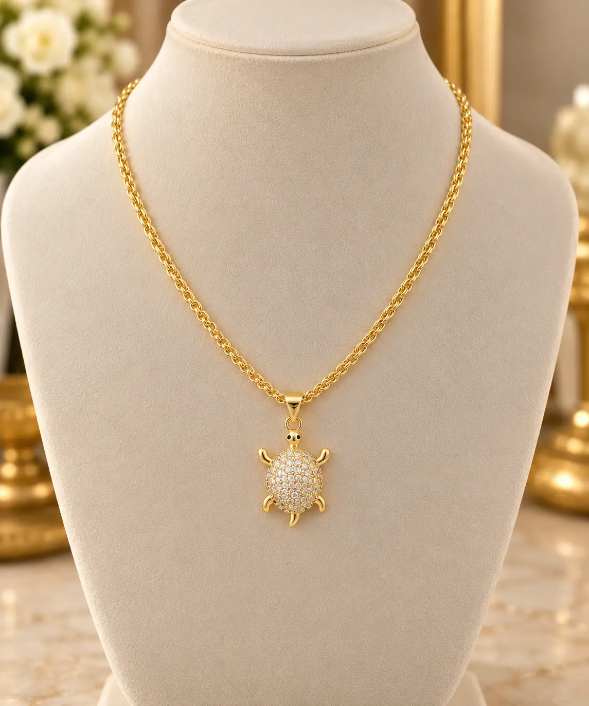 14K Gold Plated Woven Chain Necklace with Sparkling Turtle Pendant – 18 Inch, 3mm