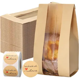 250 count Bakery Bags with Window and Label Seal Stickers Brown Paper Bread Packages Iron Wire Tie Tab Lock Candy Cookie  Paper Bags for Snacks Pastry Donuts (4.7 x 3.5 x 11.8 Inch)