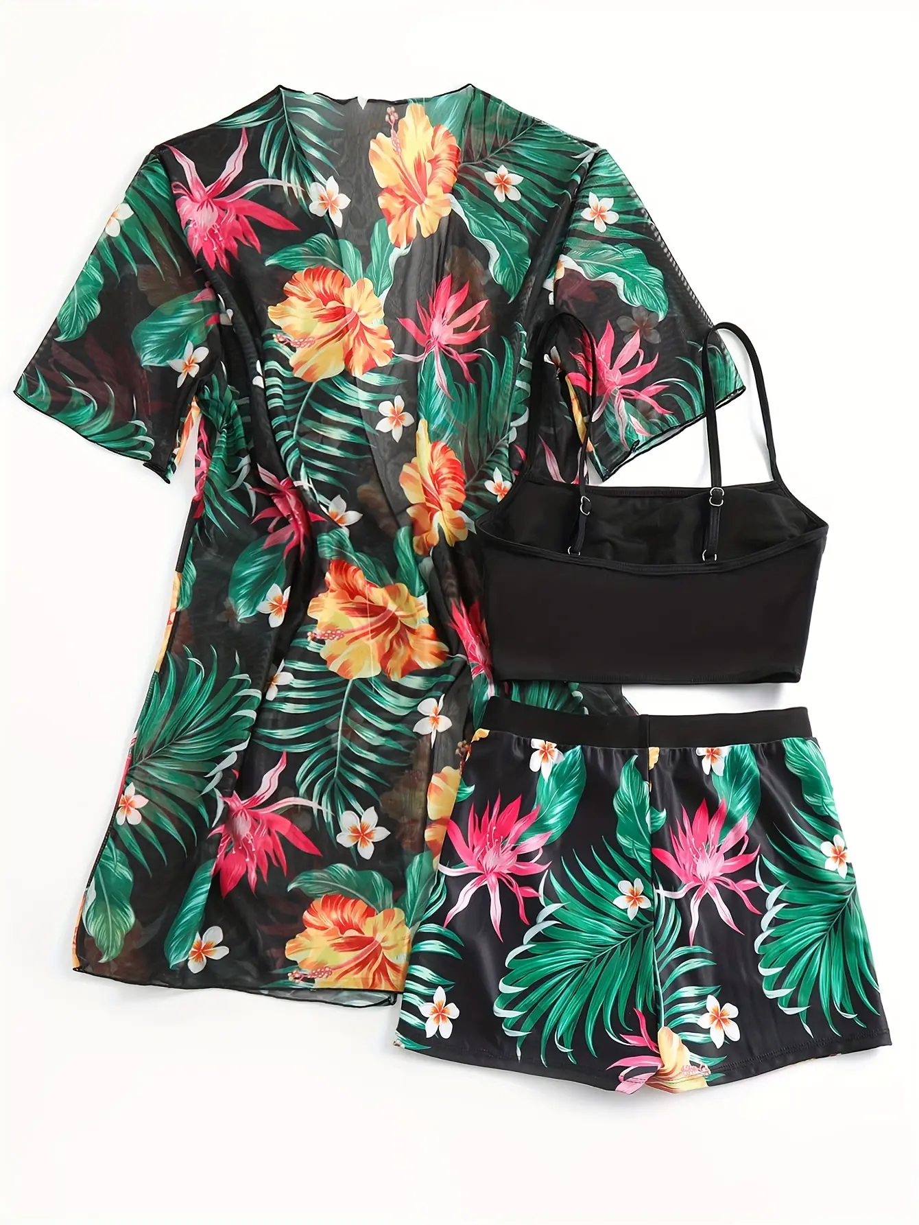 Floral Print Bikini Set for Women – 3 Piece Swimsuit with Sheer Cover Up for Beach & Vacation