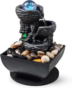 Tabletop Fountain Indoor Waterfall Meditation Fountain Like Layers of Rock Desktop Water Feature Includes Many  River Rock LED Lights Rolling Decorative Bubble Balls