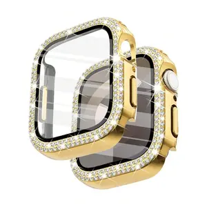 SW1pc Gold Men Women Shiny Rhinestone Decor Fashionable Glamorous Anti-Fall 2 In 1 Ultra-Thin Tempered Glass Screen Protector Case, Compatible With Apple38/40/41/42/44/45/46/49mm, For Apple Watch Series Ultra/SE/11/10/9/8/7/6/5/4/3/2/1, Intellig Wearable