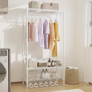 Freestanding Clothes Rack, Metal Wire Shelving Storage Clothing Rack with Haning Rod, Adjustable 3-Tier Open Organizer Wardrobe for Entryway, Bedroom, Laundry Room, 17.7"D x 35.4"W x 68"H, White