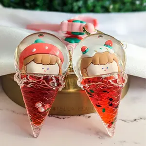 Strawberry Ice Cream Liquid Keychain, Pink Fruit Key Ring Accessory, Kawaii Bunny Fidget Toy, Cute Rabbit Anxiety Shaker, Animal Charm cute keychain
