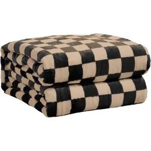 Checkered Flannel Throw King Size Checkerboard Grid Chessboard Pattern Blankets for Couch Sofa, 90"x108", Black Brown
