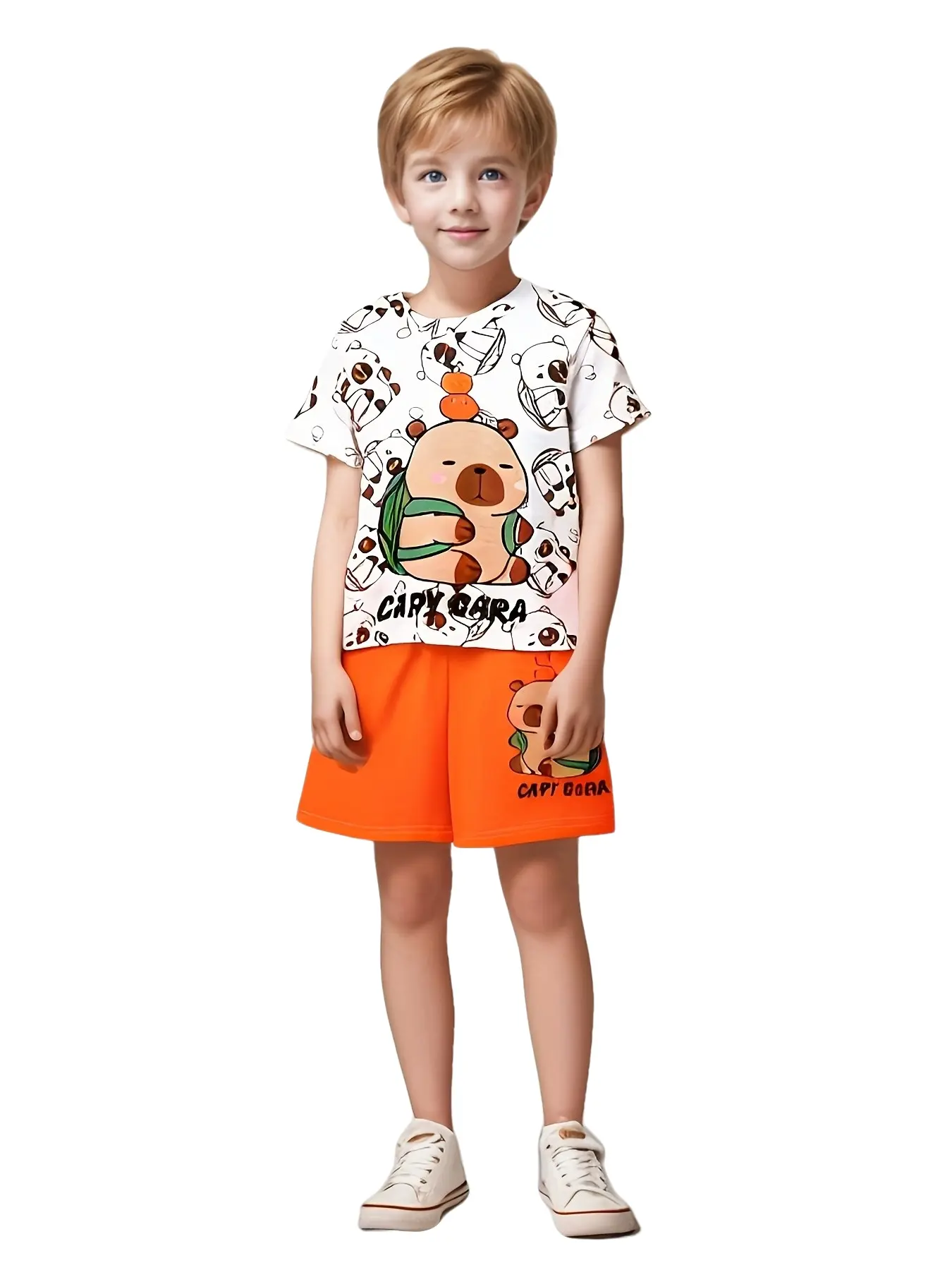 2-Piece Boys' Cute Capybara Print Short Sleeve Summer Clothing Set, Clothes Kids, Casual Loose-Fit, Perfect for Children, School, Outdoor Activities, Holiday Gifts