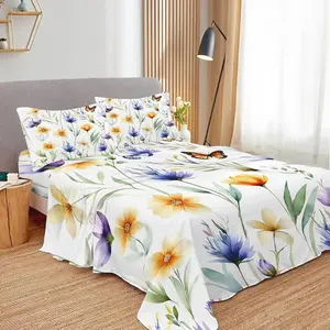 Flowers Full Sheets Set - 4 PC Yellow Purple Wildflowers Bedding, Soft Cooling Bed Sheets Wrinkle Fade Stain Resistant