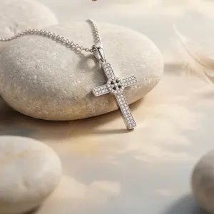 DiamondCelebritees Promising Fancy White 925 Sterling Silver Cross Pendant with Cubic Zirconia