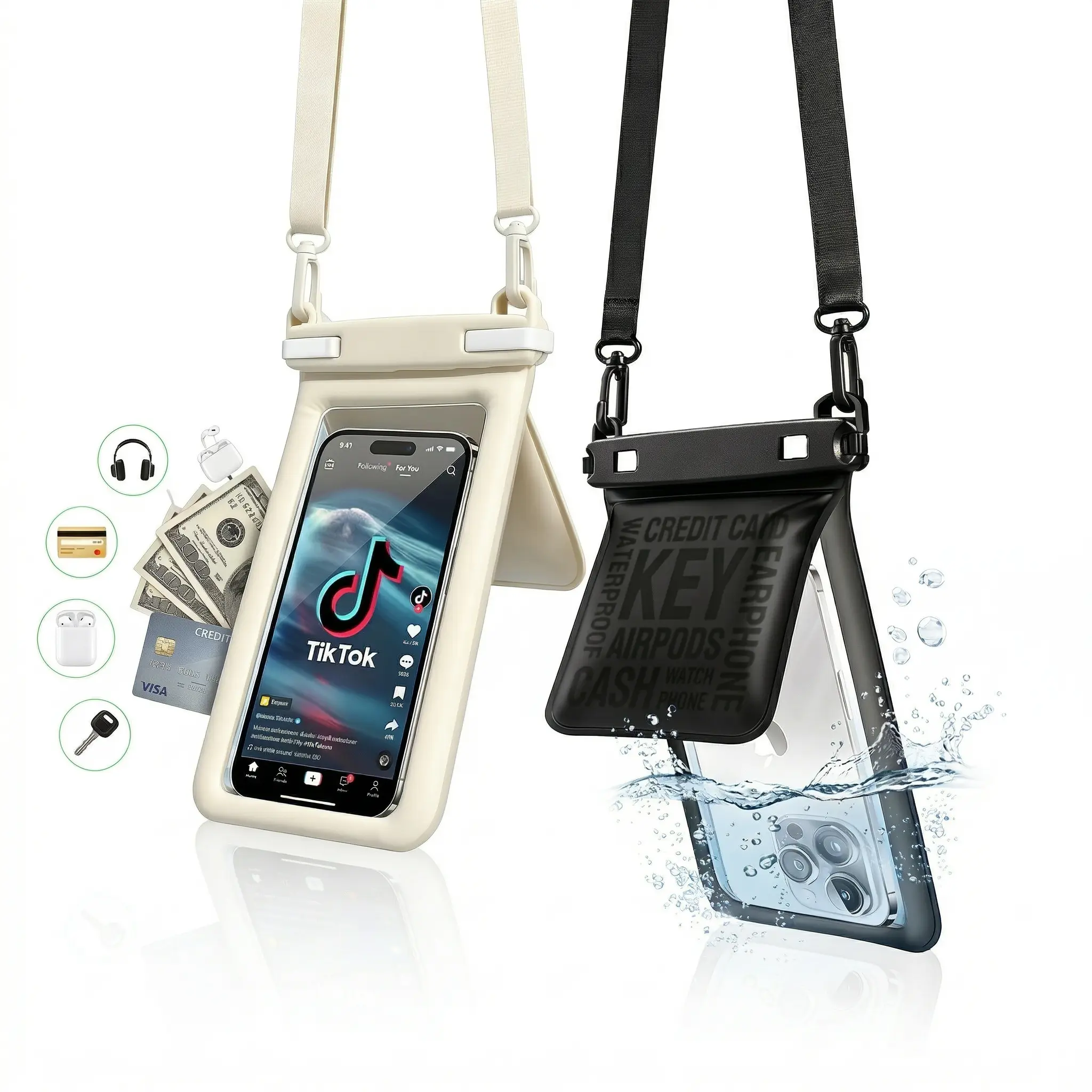 2-in-1 Dual Compartment Floating Waterproof Smartphone Pouch - Adjustable Lanyard Cellphone Protector with Built-in Wallet for Keys/Cash, IPX8 Dry Bag for Cruise Ship, Swimming