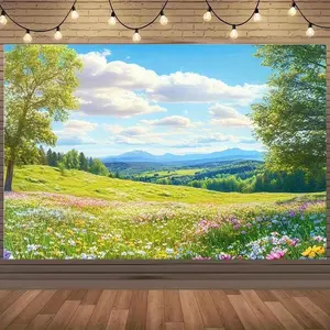 2D Flat, 1pc Horizontal Spring Floral Meadow Tapestry - Blooming Wildflowers Green Hills Blue Sky Landscape Backdrop Suitable for Weddings, Easter, Mother's Day - Durable Polyester Fabric, No Ele