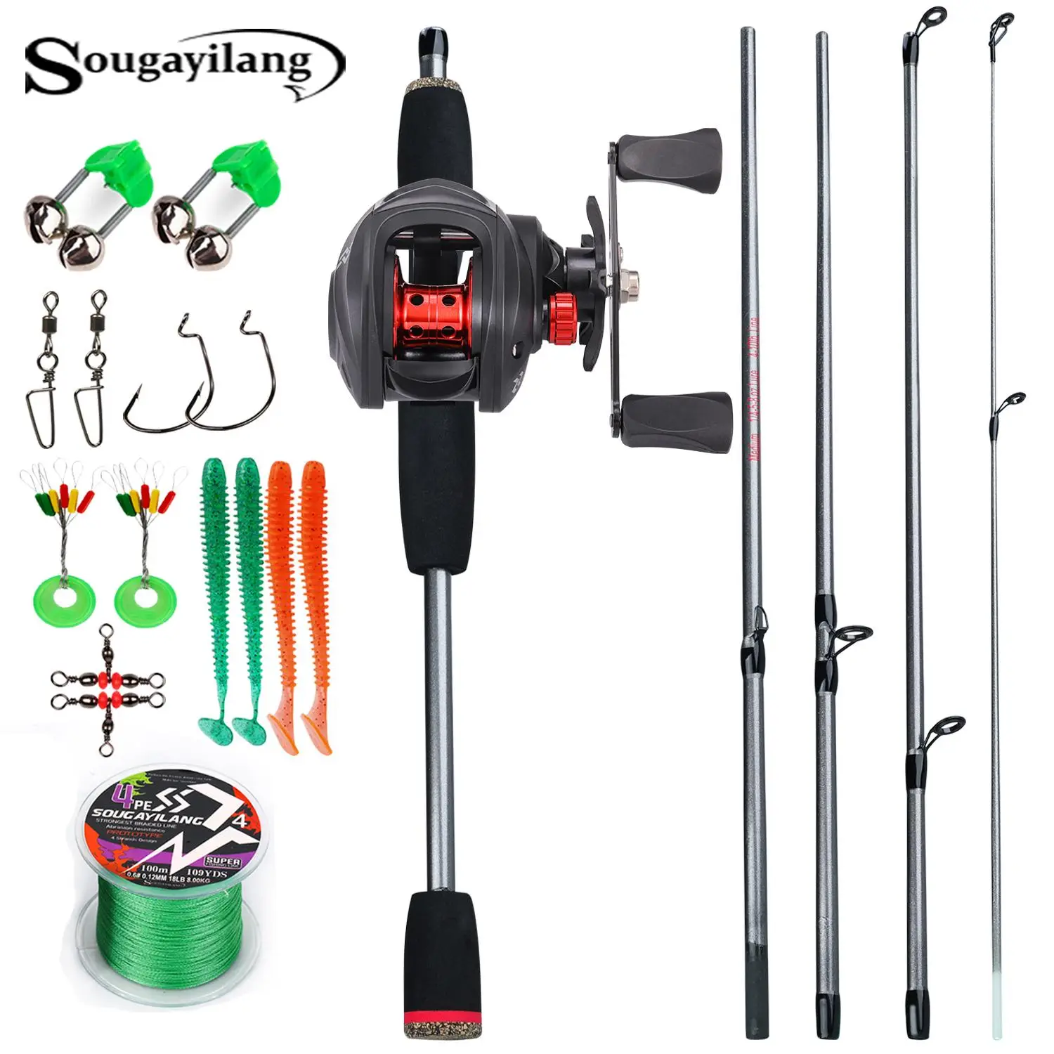 Baitcasting Fishing Rod and Reel Set with Big Fishing Lure, 1 Set 5-sections Fishing Rod and Baitcasting Reel & Accessories, Durable Materials, Fishin