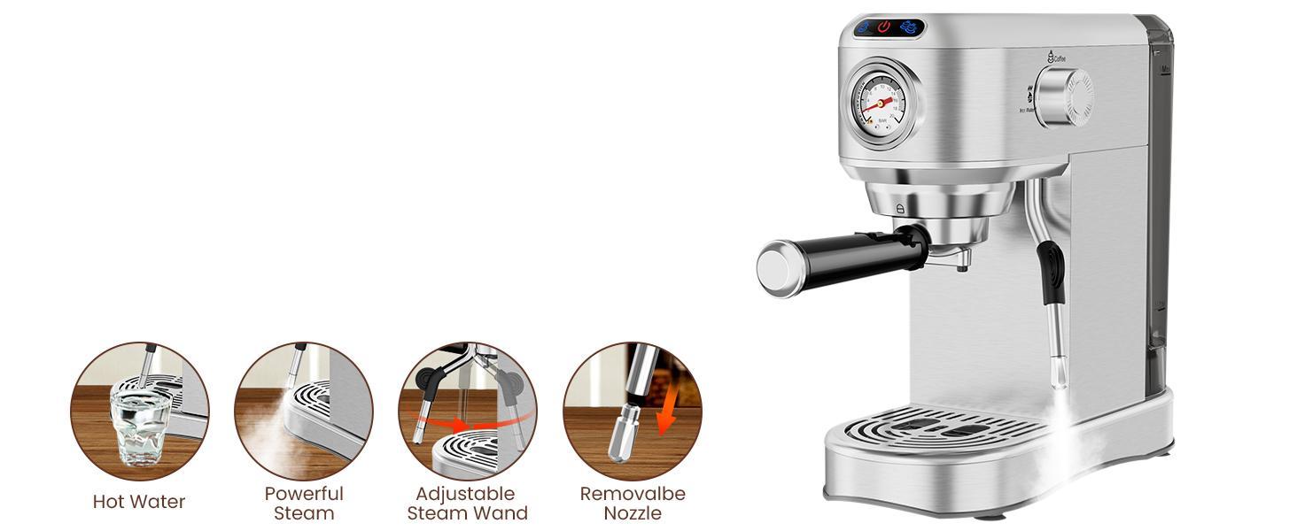 Semi-Automatic Stainless Steel Espresso Machine - 20 Bar, 1450W, 34oz Removable Tank, Small Footprint Household Personal Coffee Maker with Milk Steamer & Frother for Latte, Cappuccino Ready, Hot Water on Demand, Silver (Ideal for Birthdays, Father’s Day),