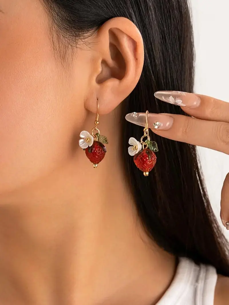 Cute Strawberry Floral Dangle Earrings, Y2K Kawaii Summer Fruit Jewelry, Delicate Lightweight Stylish Accessory for Women & Girls, Ideal for Daily Wear, Casual Outfit, Party, Summer Vacation & Sweet Gift