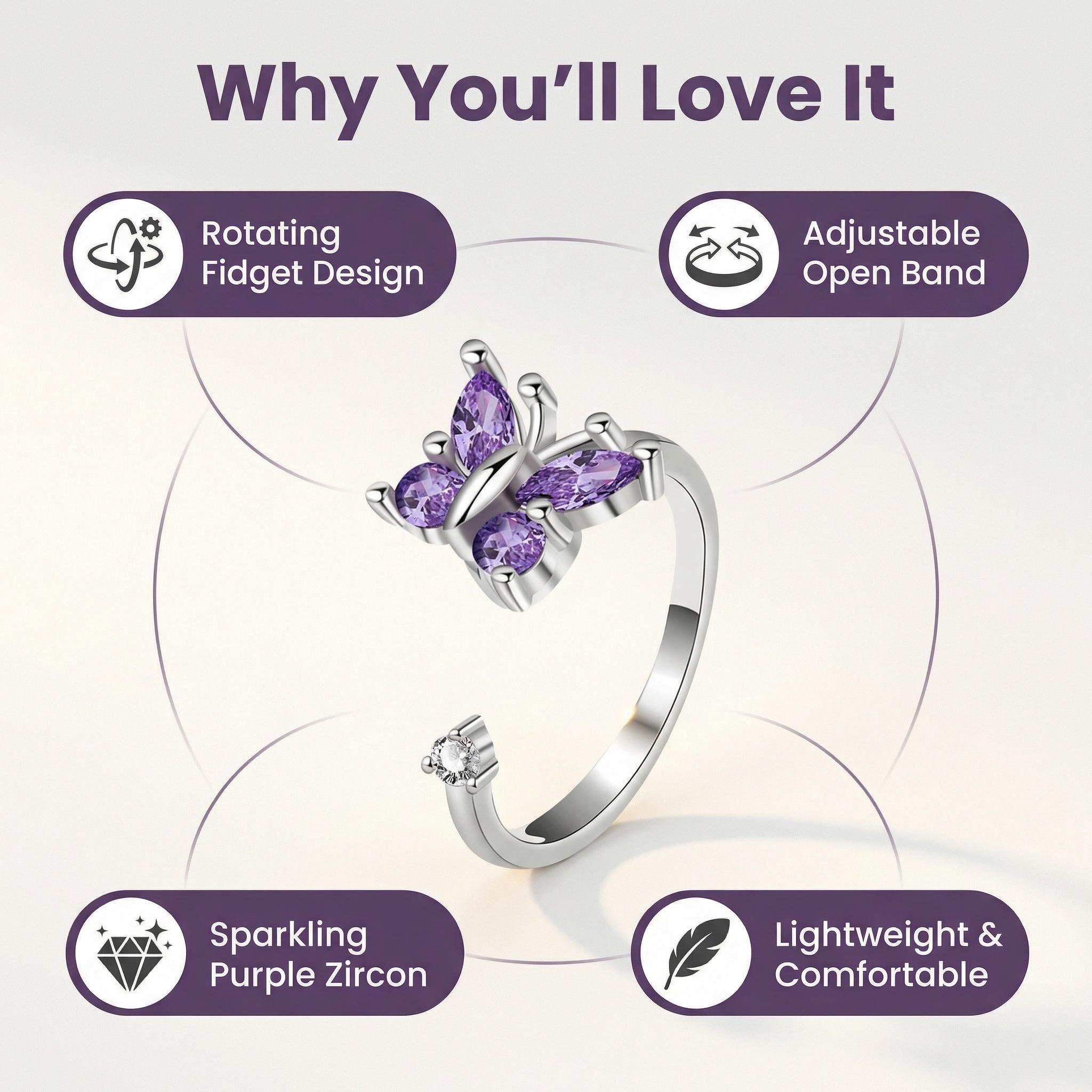 Adjustable Rotating Butterfly Ring with Sparkling Zircon Open Design Romantic Fidget Jewelry Gift for Women Self Love & Emotional Connection