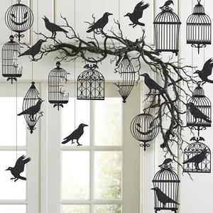 Gothic Crow Decoration Black Cage Garland for Black Crow Decoration Gothic Christmas Birthday Party Hanging Indoor Raven Glitter Haunted Mansion Decor Garland Birthday Halloween Supplies