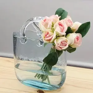 Glass Purse Vase For Flowers Clear Bag Vases With Handle Transparent DIY Fish Tank Hydroponic Planter Unique Cute Handbag Shape Decorative Flower Vases With Fish Bowl For Centerpieces Home Table Shelf Decor