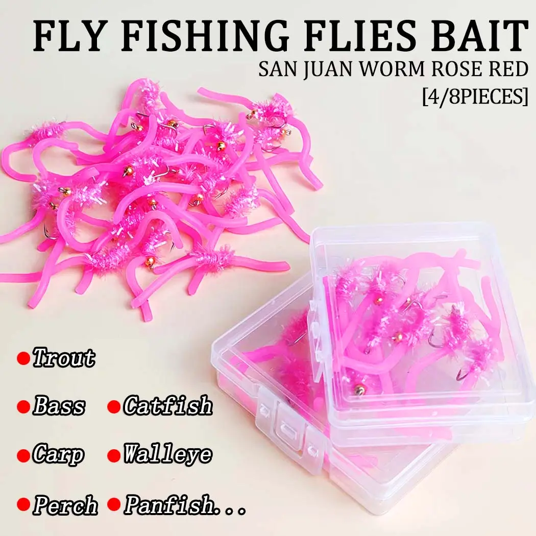 Artificial San Juan Worm Bait-4/8PCS-Brass Bead Head Squirmy Wormy Fly Fishing Flies Trout Nymphs #10-Material Artificial Feather&Rayon Fishing Tackle