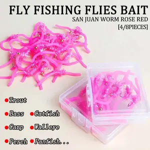 Artificial San Juan Worm Bait-4/8PCS-Brass Bead Head Squirmy Wormy Fly Fishing Flies Trout Nymphs #10-Material Artificial Feather&Rayon