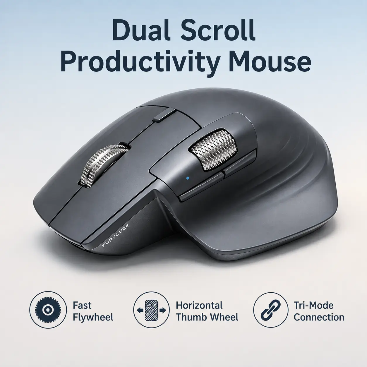 FURYCUBE A1 Dual Scroll Wheel Wireless Ergonomic Mouse, FlyWheel & Horizontal Thumb Scroll, Bluetooth 5.0/2.4GHz/USB-C, 7 Programmable Buttons, Quiet Click, Rechargeable Multi-Device Office Mouse for Excel, PC, Mac & Laptop