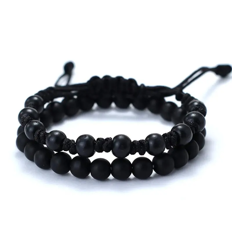 FASHION4U - 2Pcs/Pair Men Bracelet Set 8mm Onyx Tiger Eyes Stone Braclet Natural Wooden Braslet Homme Weaven Rope Brazalete Pulseira Hombre