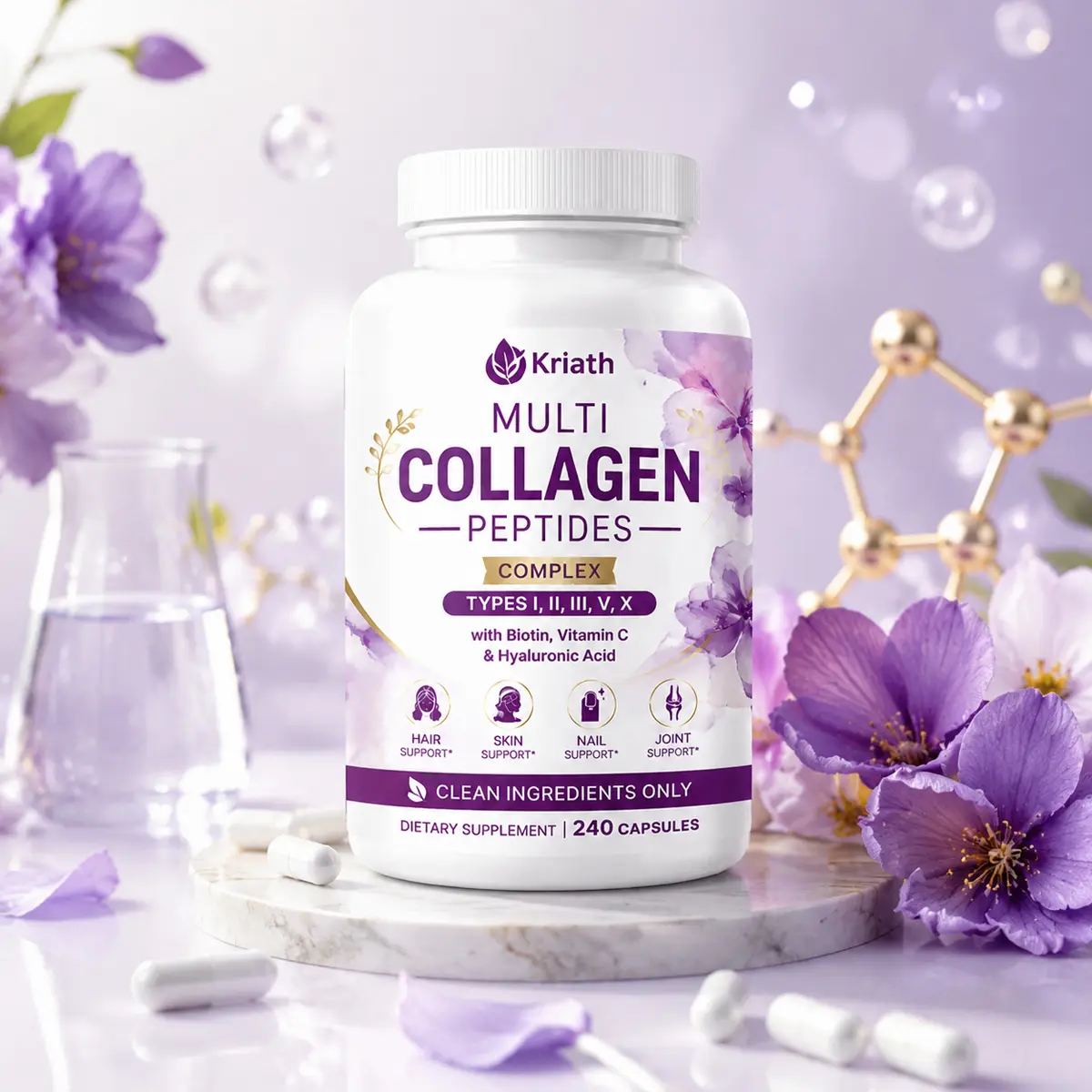Multi Collagen Capsules for Women & Men, 240 Count | Types I, II, III, V, X | Hydrolyzed Peptides with Biotin, Hyaluronic Acid & Fat-Soluble Vitamin C Complex | Non-GMO, Filler-Free
