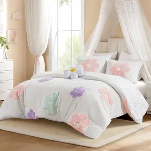 Kids Full Comforter Set for Girls, Tufted Chenille Floral Queen Comforter Set, Lightweight Polka Dot Reversible Bed Set with Shams and Pillow, Full/Queen White/Purple 4 Piece