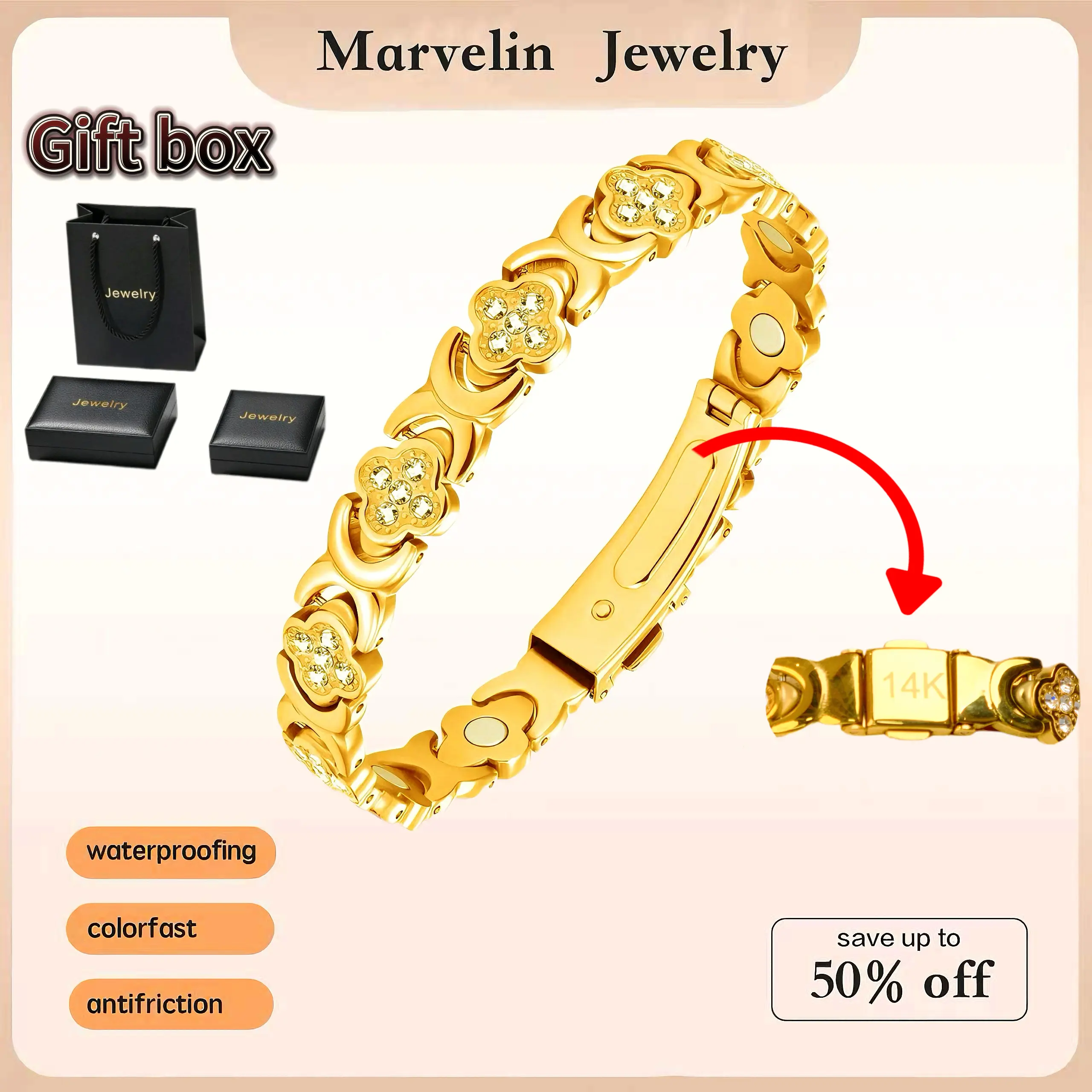 Marvelin Jewelry 14K Gold-Plated Magnetic Bracelet Features 3500 Gauss Active Magnets Stylish Stackabl Design Water-Resistant & Hypoallergenic Couples Jewelry Modern Fashion Adjustable Size Comes with Elegant Gift Box Perfect Valtentine's Day gifChoicee s