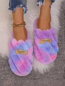Trendy Colorful Cozy Indoor Slippers, Footwear – Soft Thick Plush Fuzzy House Shoes with Tie-Dye Gradient, Stylish Design, Cloud-Like Cushion Comfort, Warm Winter Fluffy Slides, Lightweight Non-Slip Sole, Unisex Home & Outdoor Slippers