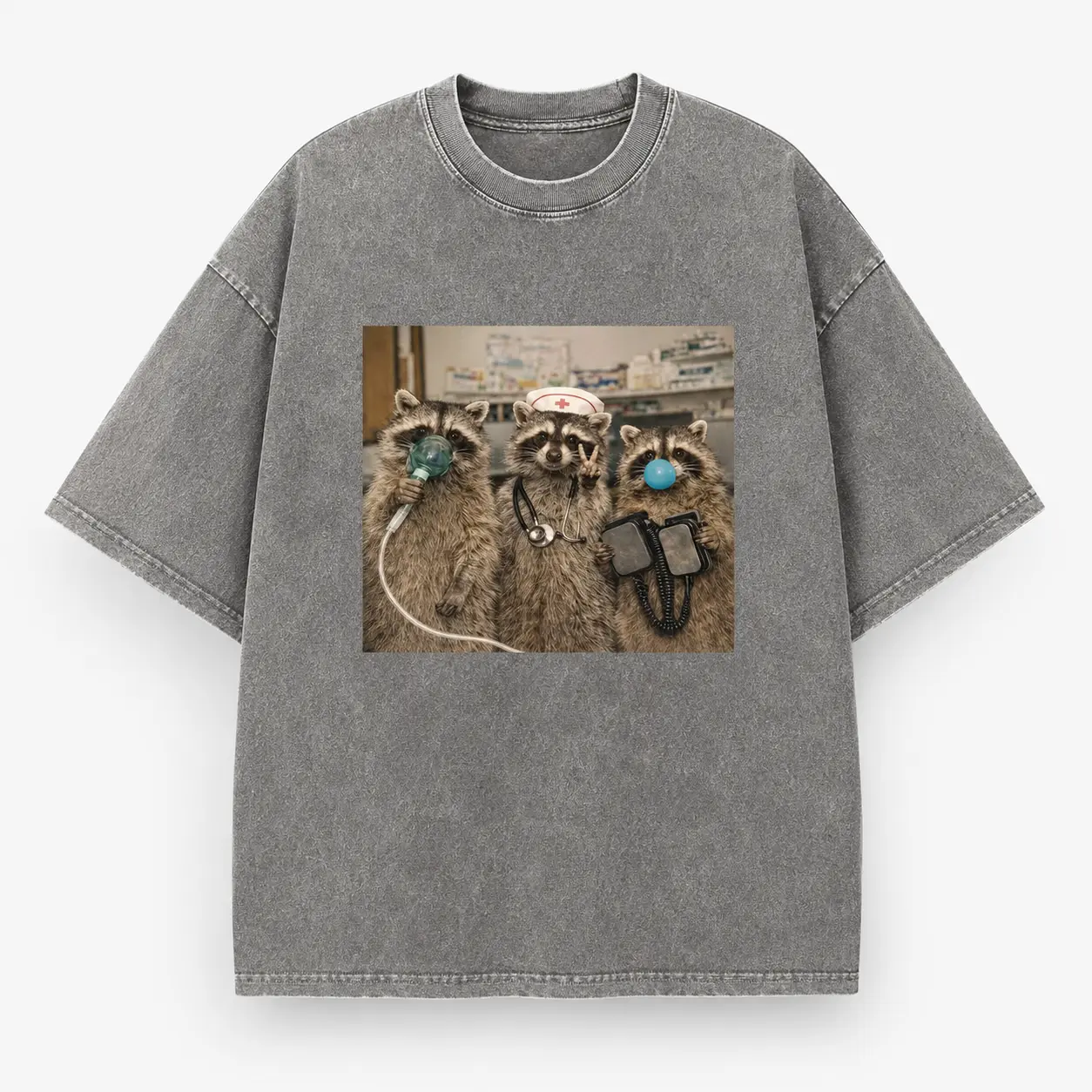 Funny Nurse Raccoon Medical Team Graphic Washed T-Shirt Cute Raccoon Paramedic Animal Casual Streetwear Tee, Emergency Department T-Shirt, Registered Nurse Shirt, Nursing School Gift, Healthcare Worker Tee