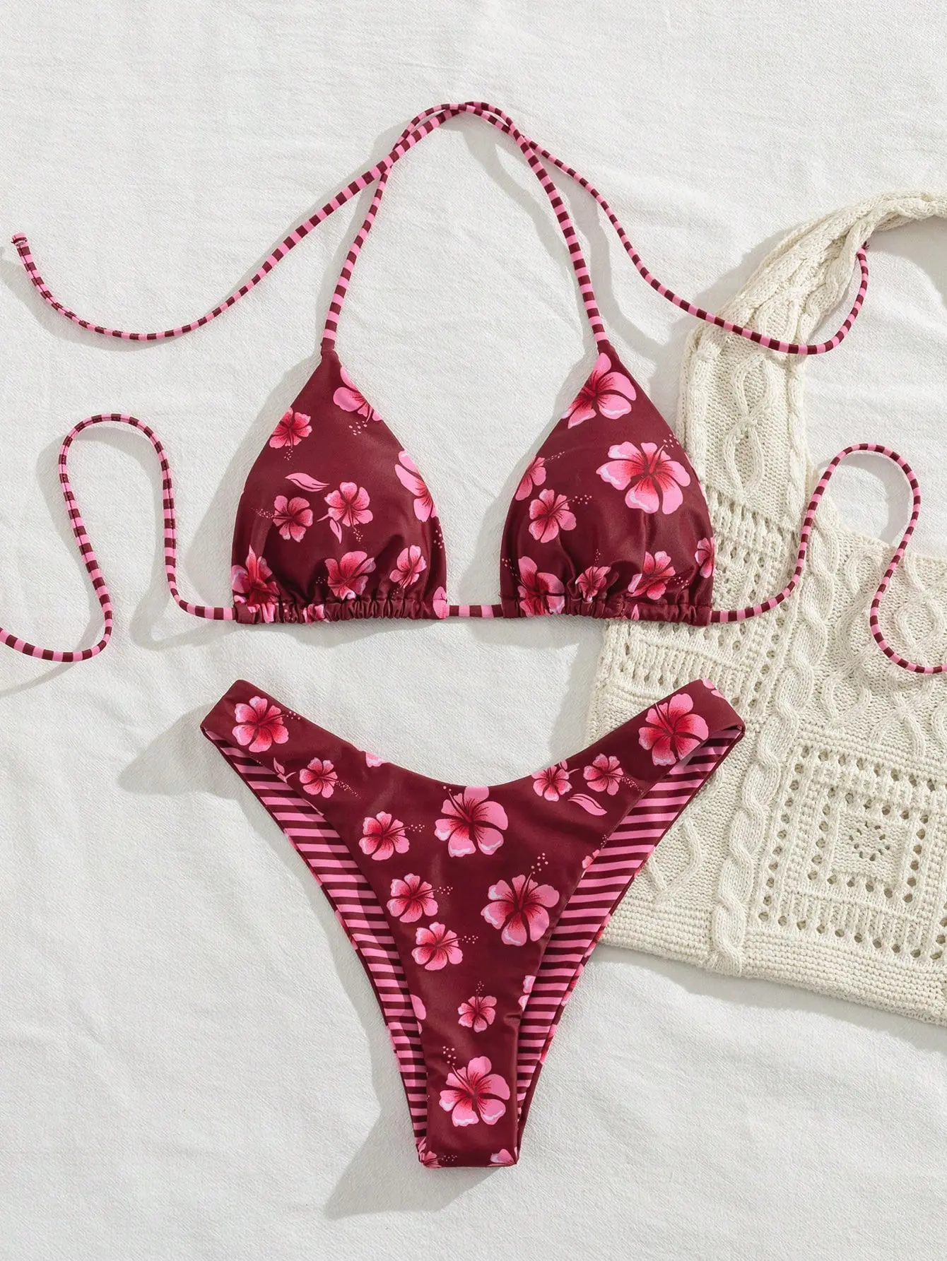 Maroon Floral Print Bikini Two Piece Set Women | Halter Tie Triangle Sexy Swimsuit Summer Beach Vacation