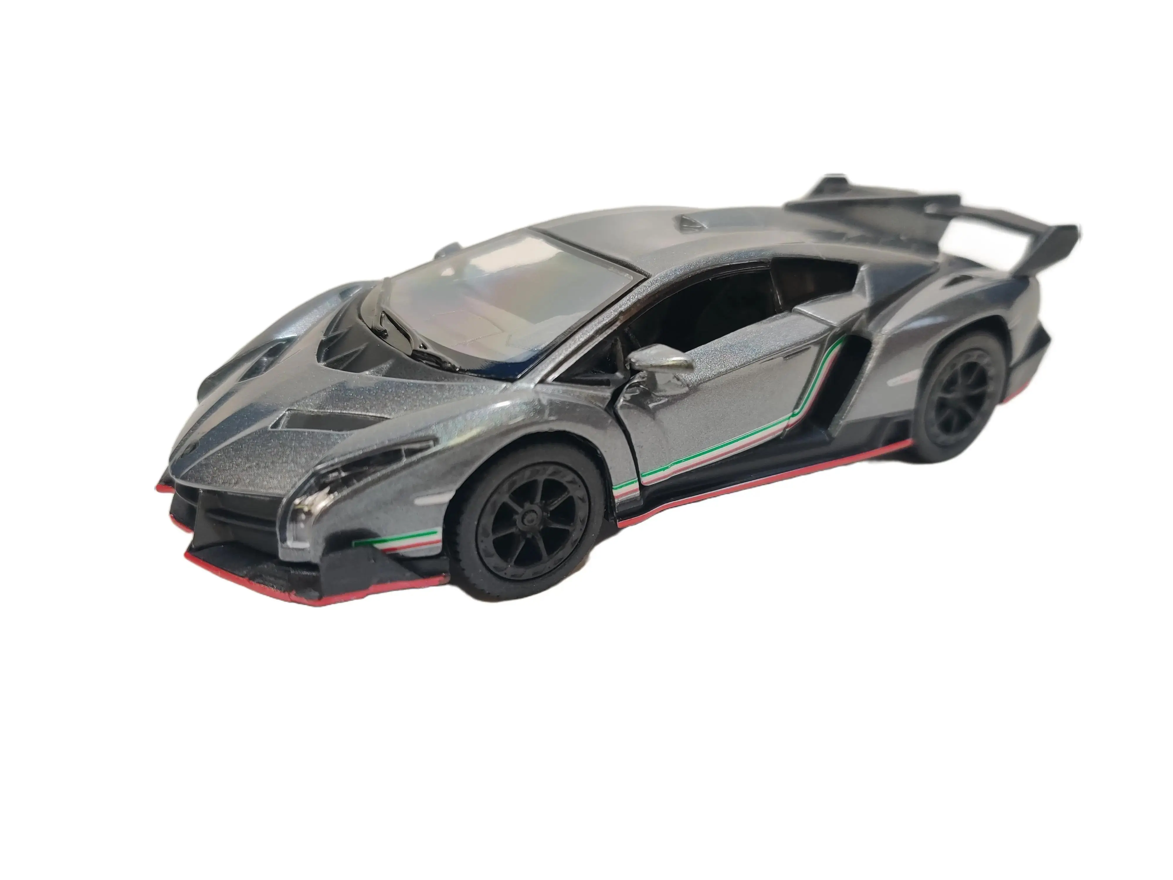 KINSMART 1:36 Scale Lamborghini Veneno Diecast Model Car Silver Pull Back and Go Action Openable Doors Realistic Appearance Collectors Enthusiasts