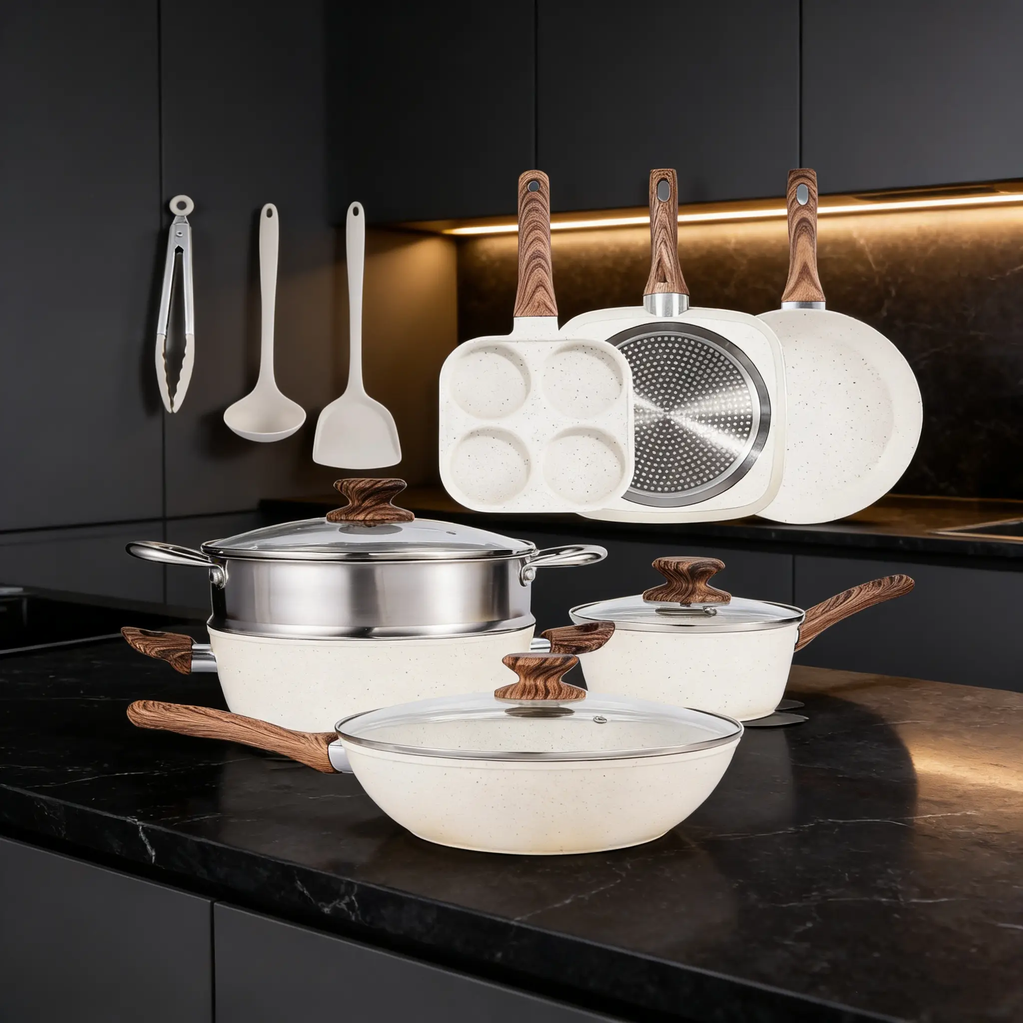 17-Piece Square White Granite Nonstick Cookware Set - Pot, Frying Pan, Lightweight Aluminium Design, Silicone Cool-Touch Handle, Oil-Saving, Glass Lids, Induction Safe, Healthier Nonstick Cooking