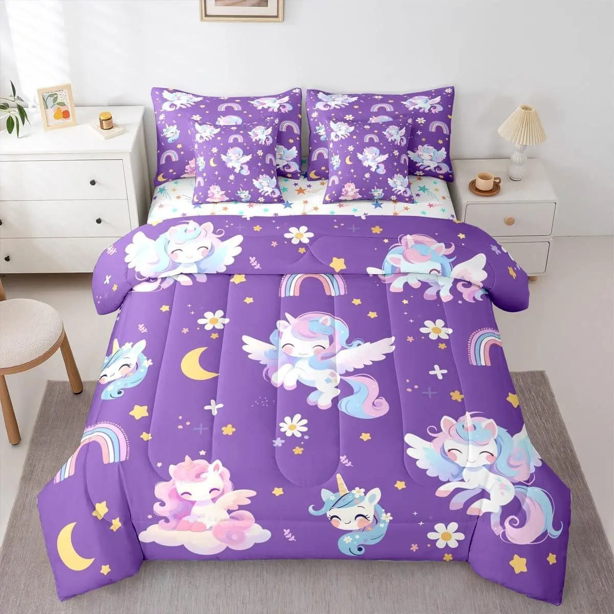 Purple Pink Unicorn Comforter Set 7 PCS Cartoon Rainbow Unicorn Bedding Set Cute Floral Bed in a Bag with Comforter,Sheets,Pillowcases,Cushion Covers Bedroom Decor