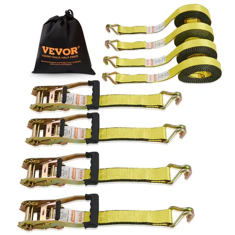【toolupgrade】VEVOR Heavy Duty Nylon Ratchet Tie Down Straps (4-Pack), 2-Inch x 27-Foot, 10000 lbs Break Strength, 3333 lbs Capacity, Padded Handles, Double J Hooks, Truck Accessories, Cargo Trailer Straps for Truck Beds, Lawn Equipment, Motorcycles