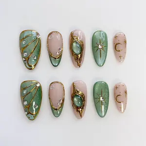 Summer Cat Eye Green Press on nails short almond nails/Glitter Nails/Sparkle Nails/Butterfly Nails/Star Nails/moon nails/3D Gold Chrome nail